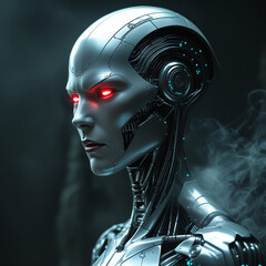 Cybernetic AI humanoid with red glowing eyes and metallic robotic face in a dark high-tech environment