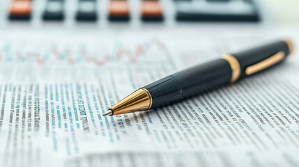 close up of black pen resting on financial newspaper, showcasing data and graphs