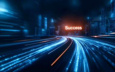 Obraz premium A dynamic representation of success, featuring futuristic city elements and vibrant lights symbolizing growth and innovation.