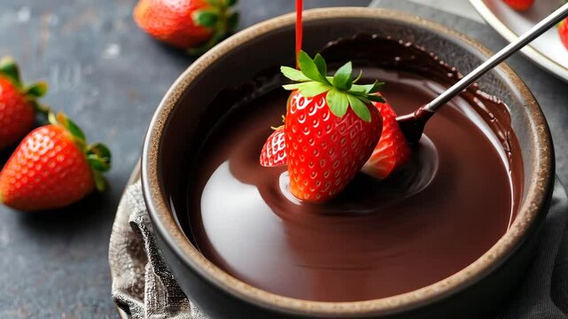 A delicious strawberry being dipped into rich chocolate sauce, surrounded by more strawberries, creating an enticing dessert scene.