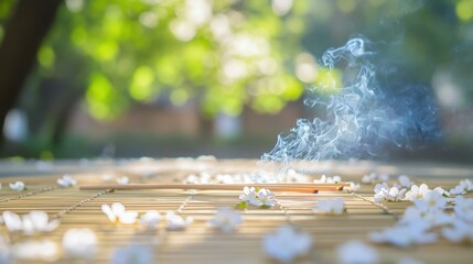 Traditional incense burns softly during Qingming, white blossoms nearby, evoking serenity and respect.