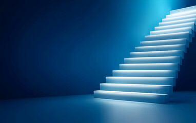 Obraz premium A modern staircase illuminated with soft blue light, creating a serene and stylish ambiance in a minimalistic space.