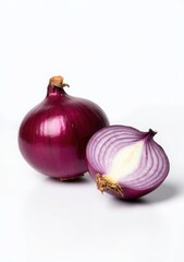 Red whole and sliced onion, isolated on white background