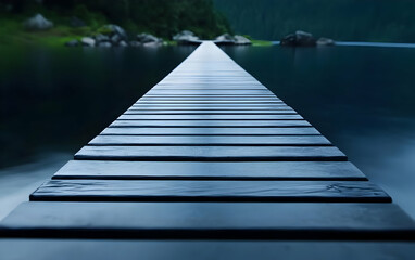 Fototapeta premium A serene wooden dock extending into a calm, reflective lake surrounded by lush greenery.