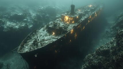 Sunken shipwreck resting on seabed, surrounded by coral.