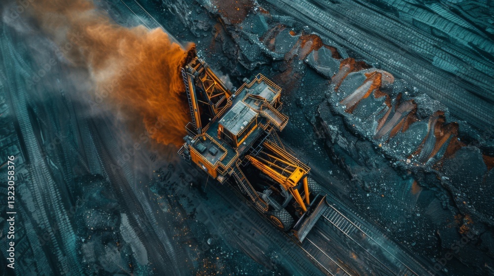 Leinwandbilder a large excavator operates in an open pit mine while extracting minerals as dust and debris are kick