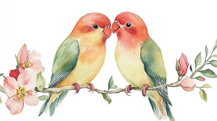 Fototapeta premium Watercolor Painting of Two Lovebirds on a Branch with Pink Blossoms