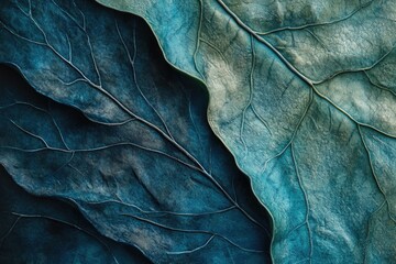 Close-up of overlapping dried teal leaves, intricate veins