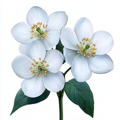 Obraz premium Three Delicate Light Blue Flowers with Green Leaves on White Background
