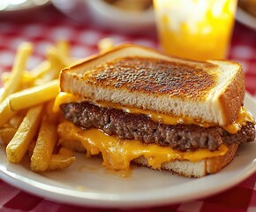 Melted cheese burger on toasted bread, served with french fries