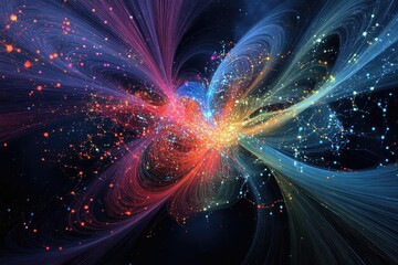 Naklejka premium Abstract swirling light, colorful streaks, glowing dots.