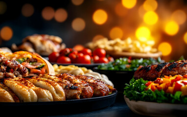 Fototapeta premium A vibrant spread of delicious grilled meats, fresh vegetables, and colorful sides, perfect for festive gatherings and celebrations.
