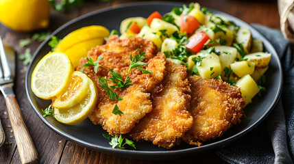 Delicious Breaded Fried Pork Schnitzel Served with Fresh Salad and Lemon Slices on a Dark Plate