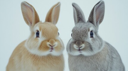 Obraz premium Two rabbits, one brown and one gray, looking at the camera.