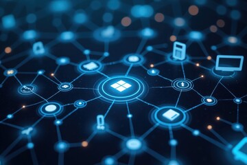 A Network Visualization of Digital Connections Representing the Internet of Things with Bluish Glow Effects and Various Connected Devices