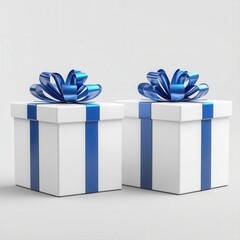 Two White Gift Boxes with Blue Ribbons on White Background