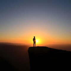 Obraz premium Silhouette of a Person Standing on a Cliff at Sunrise