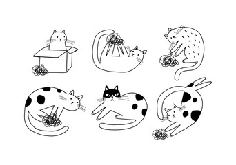 Cute funny cats iillustration. Playful funny kittens playing in funny poses. Flat vector illustration on white background in doodle style