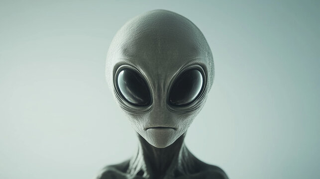 The Enigmatic Observer: A captivating depiction of an alien creature, gazing with curious, large eyes in a photorealistic rendering.