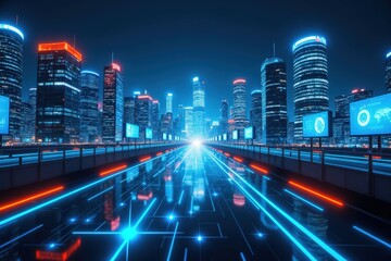 Fototapeta premium Futuristic Cityscape at Night: A Vibrant Urban Skyline with Neon Lights and Reflective Surfaces in a High-Tech Environment