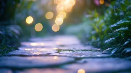 Enchanting glossy stone path garden lighting serene outdoor setting bokeh viewpoint