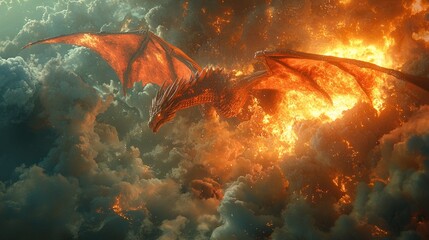 Fiery dragon soaring through stormy clouds.