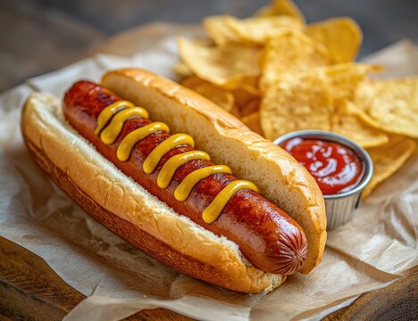 Delicious hot dog with mustard and chips
