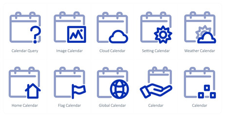 A set of 10 micro icons as calendar query, image calendar, cloud calendar