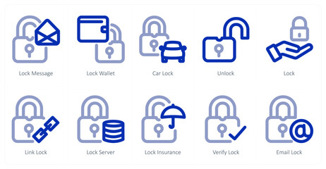 A set of 10 micro icons as lock message, lock wallet, car lock