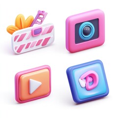 Colorful 3D media icons for apps or websites.  Animated design elements of photo, video, film, and audio.  A set of 3D icons for various media applications