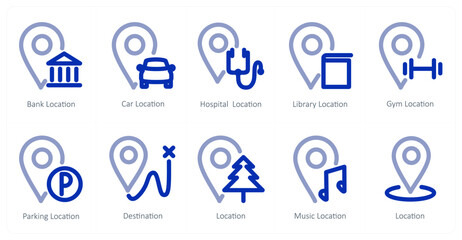 A set of 10 micro icons as bank location, car location, hospital location