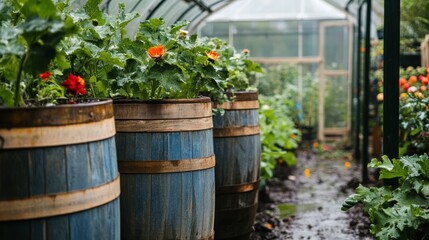 Fototapeta premium Rainwater harvesting barrels transform greenhouse gardening indoor environment detailed viewpoint