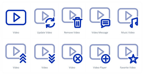 A set of 10 micro icons as video, update video, remove video
