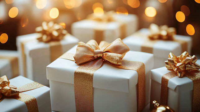 A luxurious display of gift boxes wrapped in white paper with golden ribbons, perfect for weddings, holidays, or special occasions, radiating warmth and celebration.
