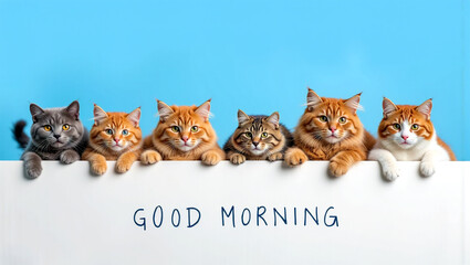 Cats Greeting You with "GOOD MORNING" on a White Wall Against a Blue Sky
