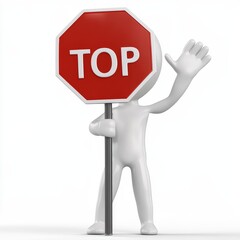 3d man holding stop sign over white background