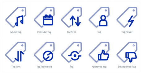 A set of 10 micro icons as music tag, calendar tag, tag sync