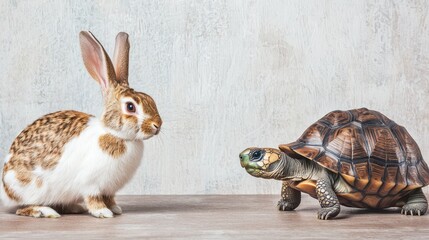 A rabbit and a tortoise are facing each other, representing a classic tale of contrasting speed and resilience.
