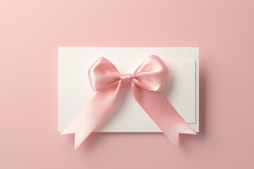Blank white gift card or gift voucher with pink rope ribbon bow isolated on pink pastel color background minimal conceptual 3D rendering