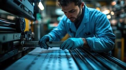 Professional printer technician conducting repairs on industrial printing machine in factory