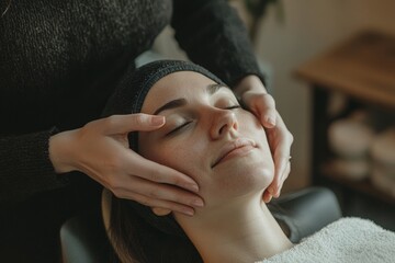 Young woman receiving professional facial massage in beauty salon, beauty and skincare concept, massage for facial lifting