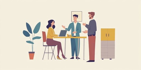 Set of male and female office workers talking to each other. Business people or clerks communicating with colleagues, negotiating, making presentations. Flat cartoon colorful