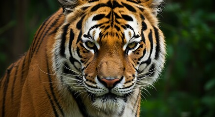 Close-up of a tiger&rsquo;s piercing eyes, fur detailed, jungle background.