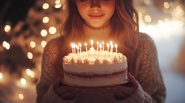 Unrecognizable woman in a festive New Year's mood, holding a cake with sparking candles. The medium shot captures a joyful celebration in soft, muted tones, perfect for New Year’s or party themes