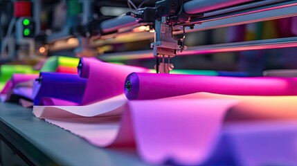 Colorful Fabric Rolls on Industrial Sewing Machine in Workshop