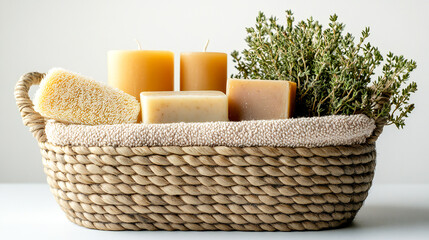 Sustainable gift set with handmade soaps, beeswax candles, and organic skincare presented in a woven basket against a minimalist white backdrop
