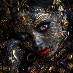 Obraz premium Diablada Dancer at Carnaval de Oruro: Art Nouveau Poster with Golden Swirls and Andean Patterns in Red and Gold