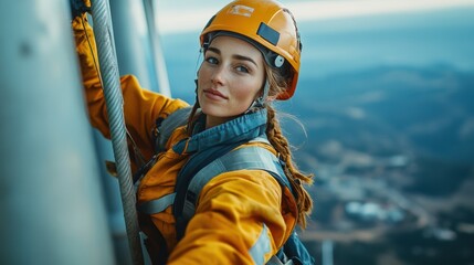Wind turbine repair specialist in action high above coastal urban wind farm
