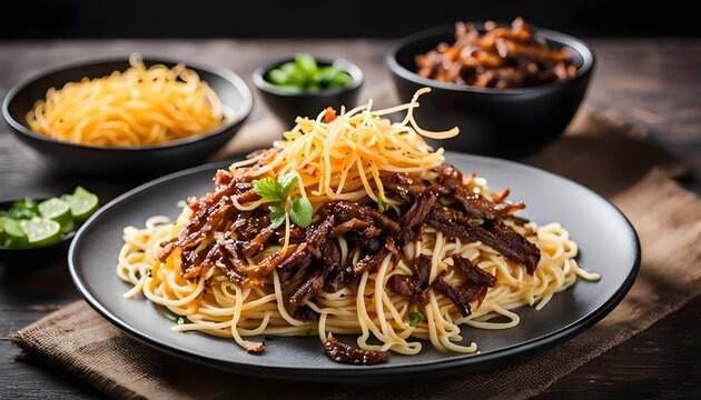 egg noodles with bean sprouts and Crispy shredded beef on black plate