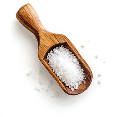 Wooden scoop filled with white sea salt crystals on white background.